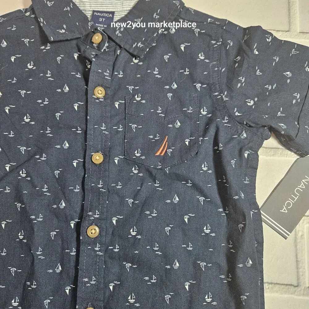 Nautica Toddler Boys SZ 3 T Short Sleeve Button Up printer wooven NWT